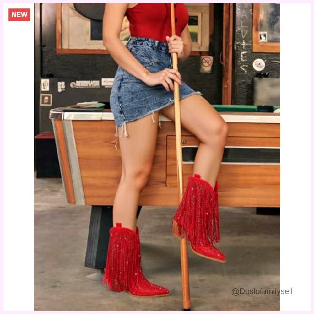 Suede Cowboy Boots with Rhinestones, Fringe, Chunky Heel, Pull-On - Picture 4 of 7